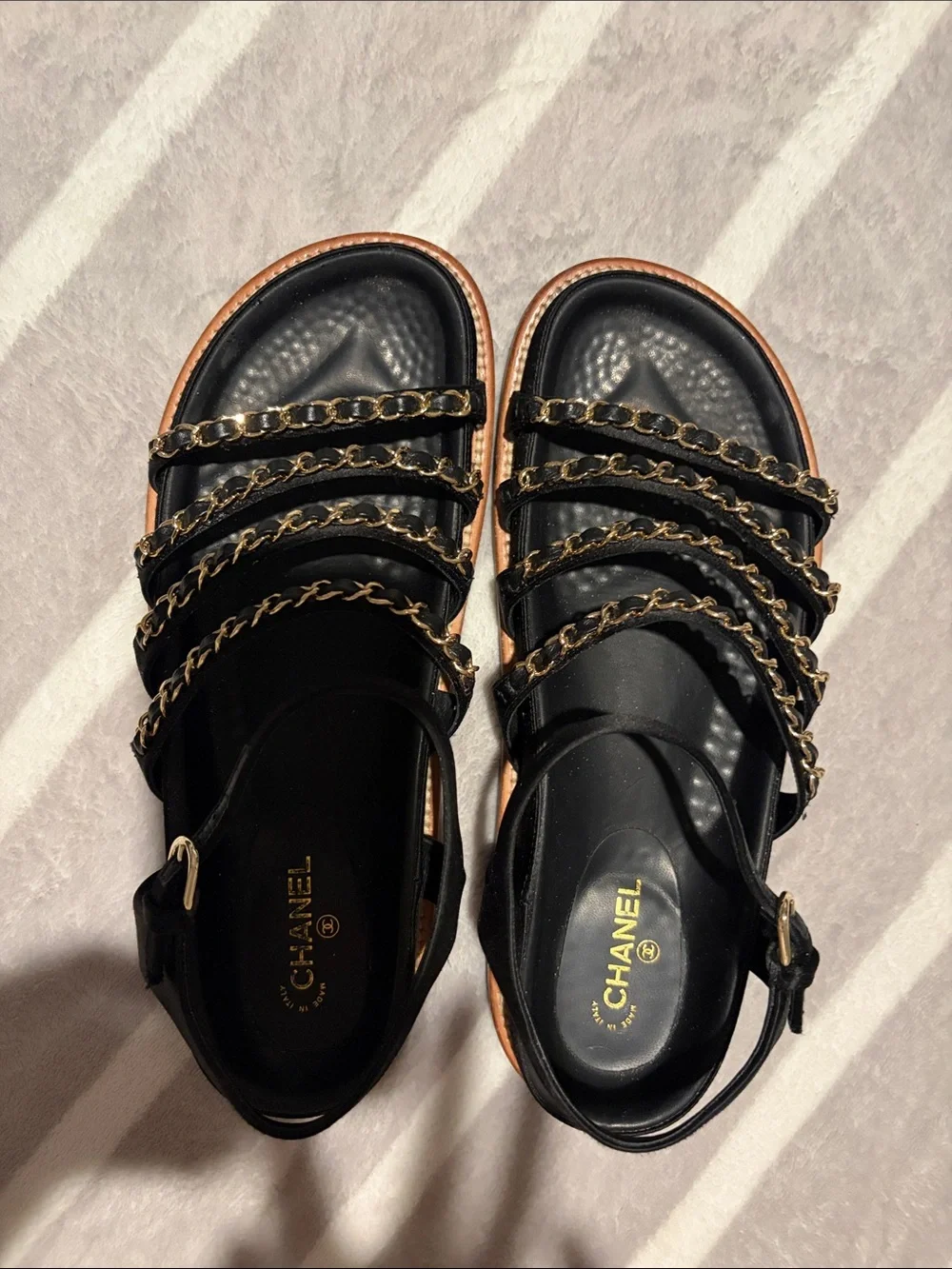 CHANEL Black and Gold Chain-Strap Women’s Sandals